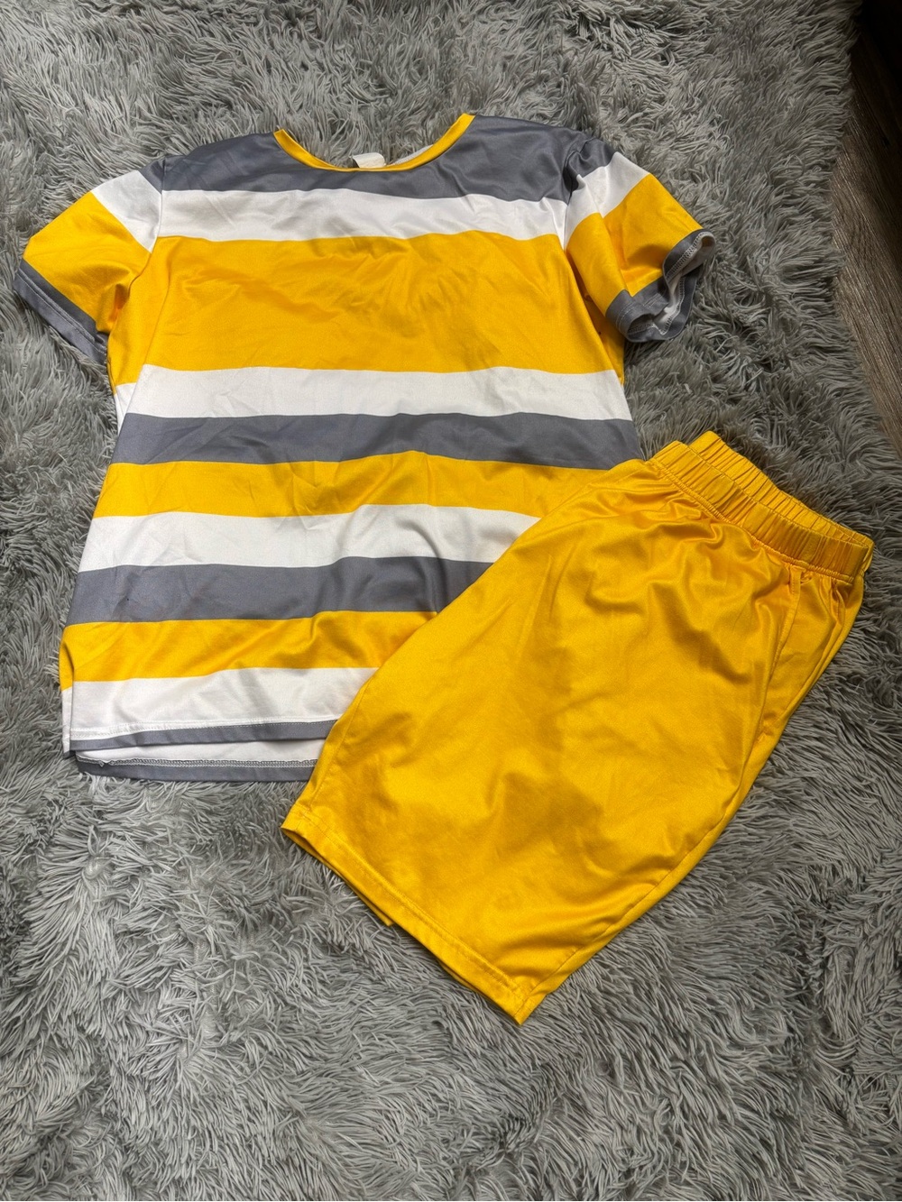 Womens Yellow and Gray Striped Set - Short Sleeve Top & Shorts